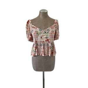 ONeill Womens Floral Babydoll Top Smocked Back Puff Sleeve Boho Blouse Medium